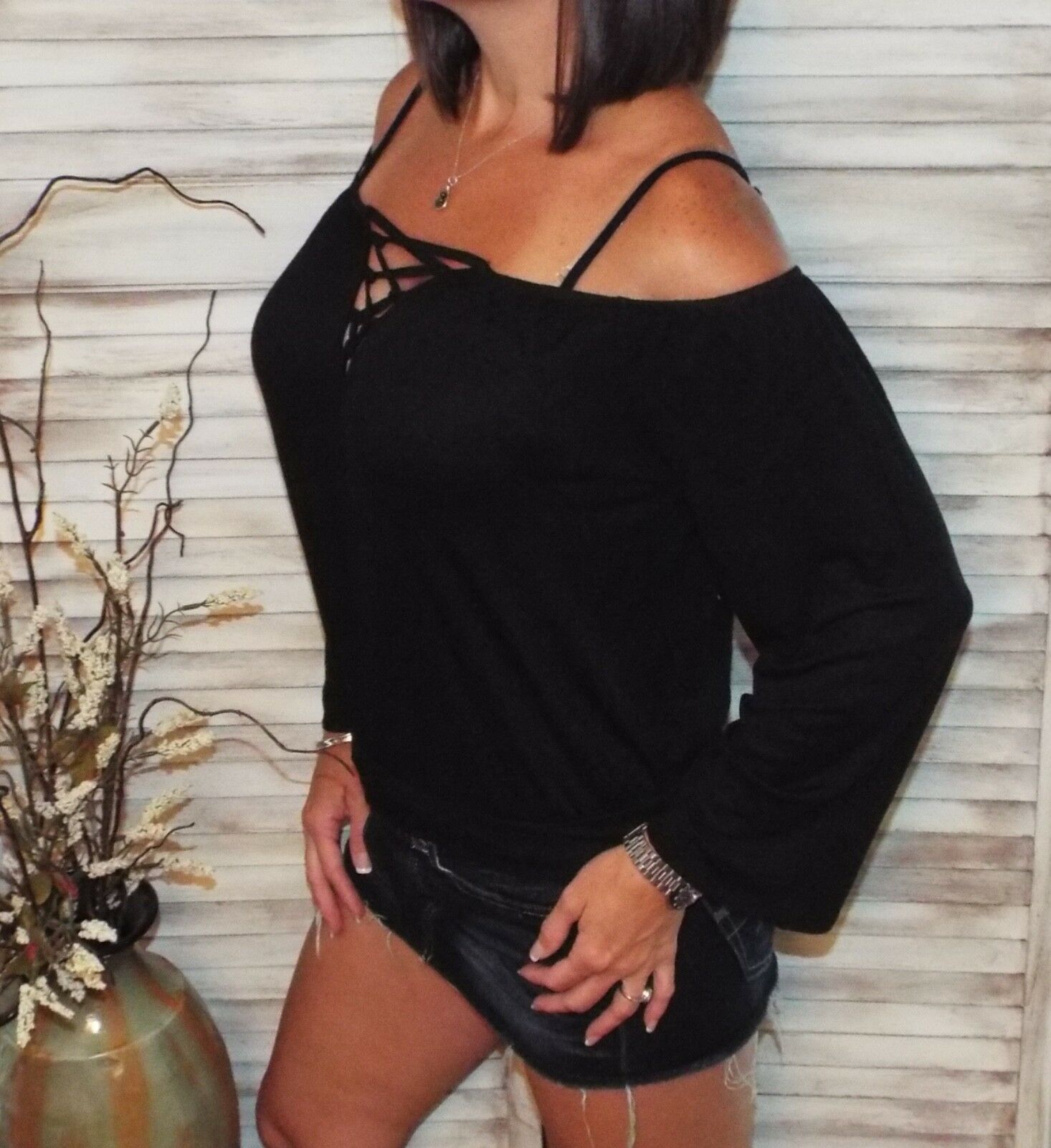 Very Sexy V-Neck Cold Shoulder Cutout Lace Up Floaty Top Black S/M/L