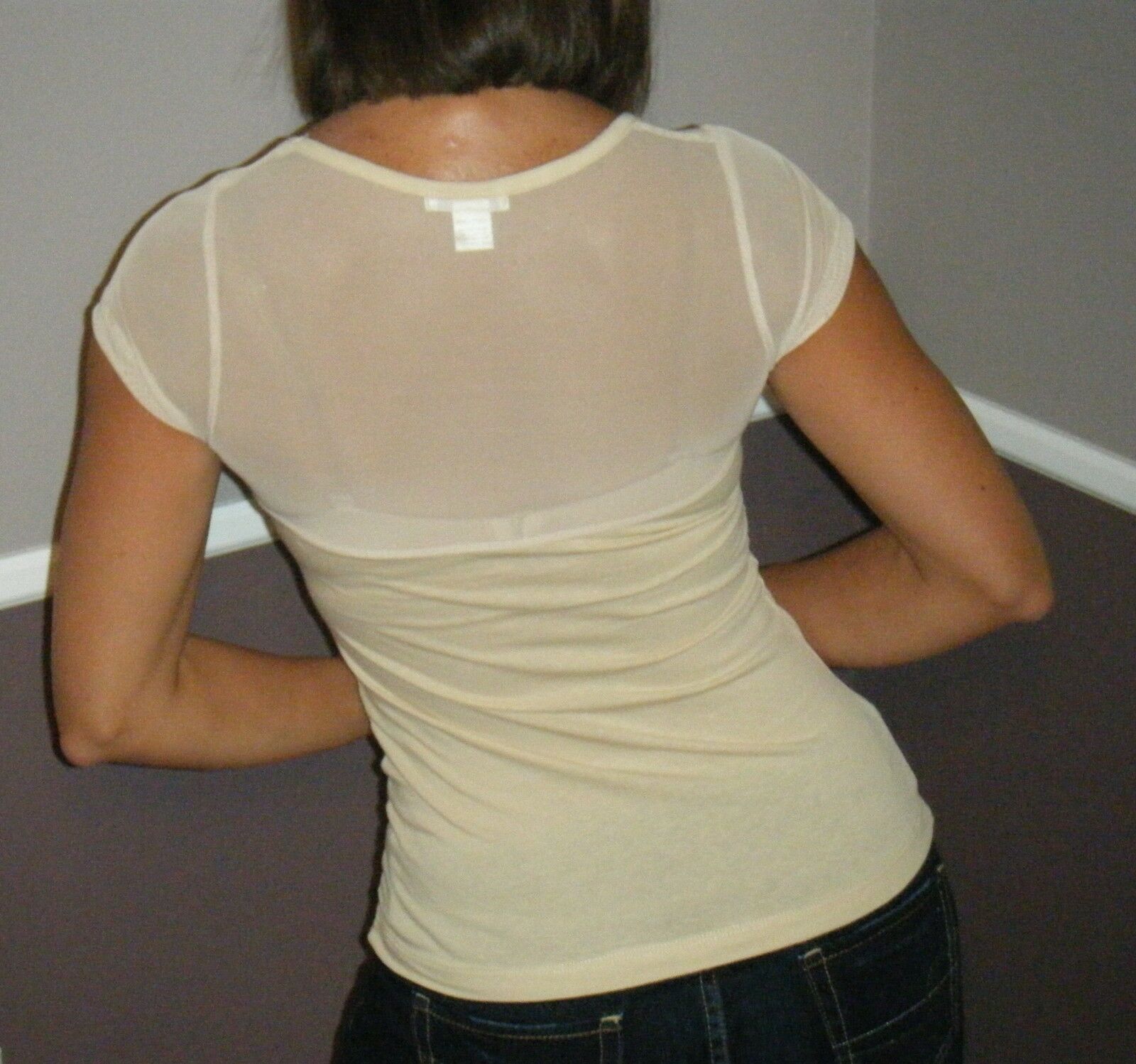 Very Sexy Sheer Mesh Sweetheart Ruched Neckline Cleavage Slimming Club Tan S/M/L