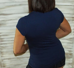 “Basic Babe” Low Cut V-Neck Cleavage Baby Slimming Basic Tee Shirt Top Navy S/M/L/X