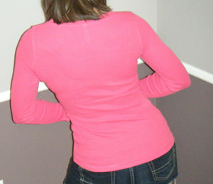 Deep V-Neck Cleavage Thermal Waffle Knit Slimming Shirt Top Pink