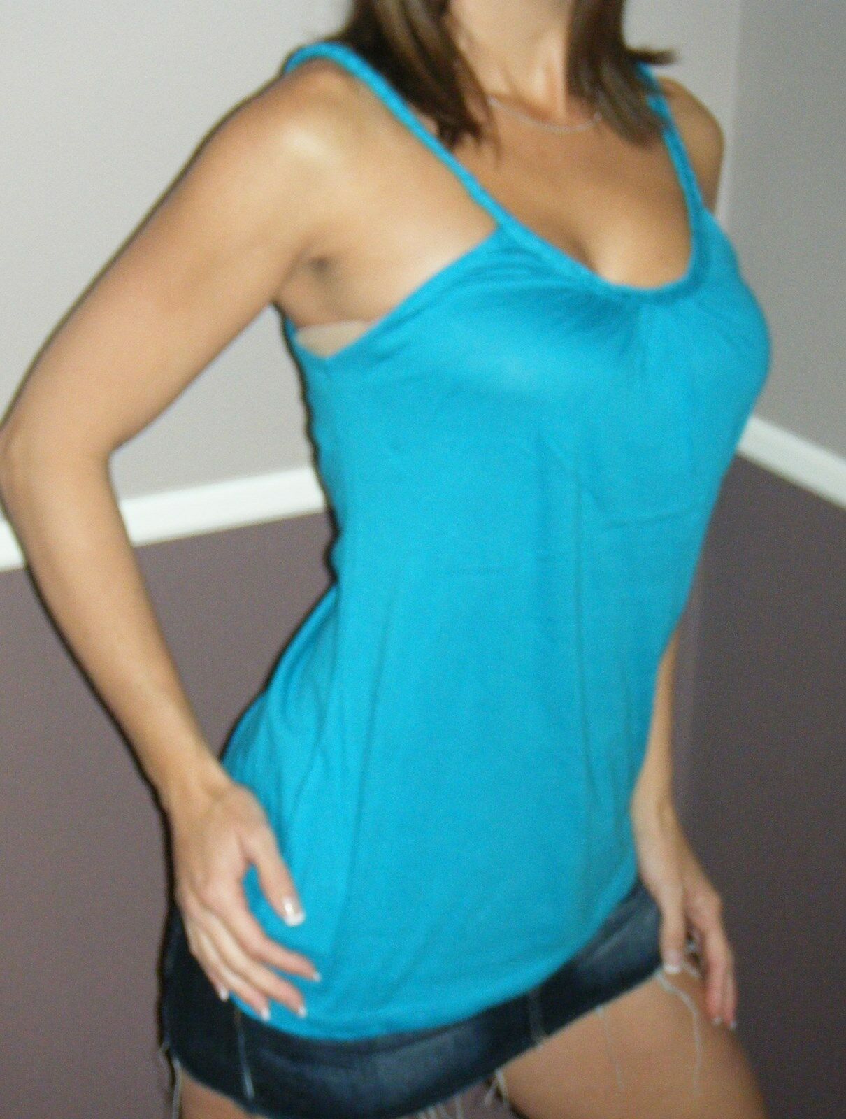 Sexy Low Cut Scoop Neck Braided Spaghetti Strap Tank Shirt Top Turquoise S/M/L