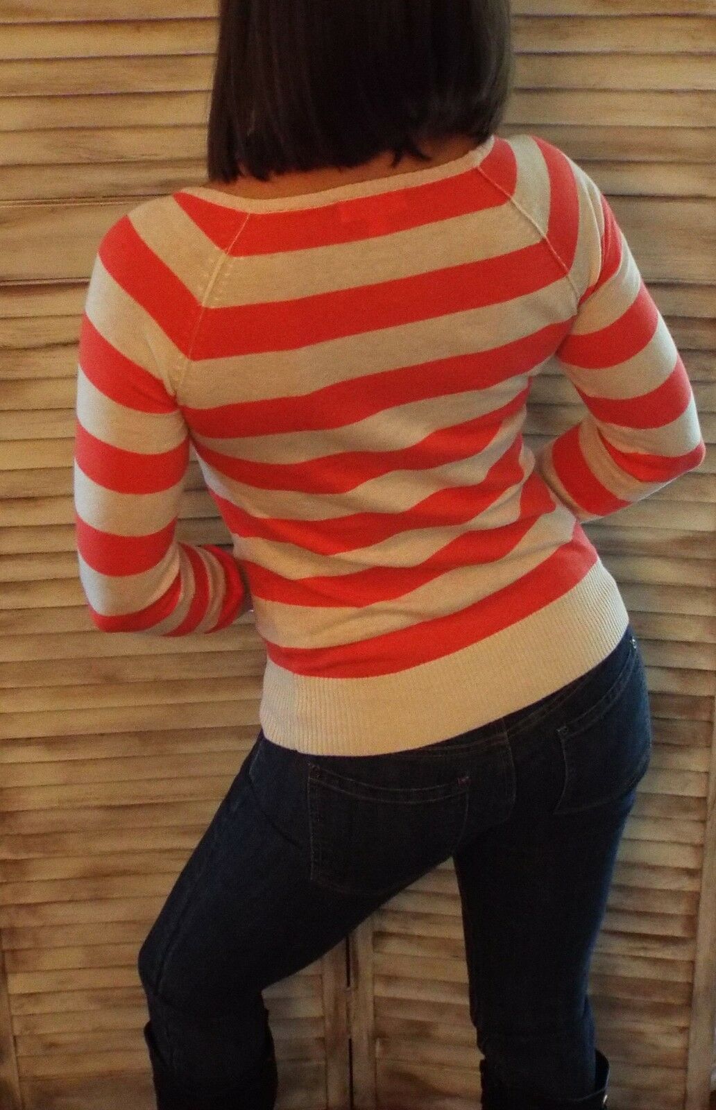 Very Sexy Striped Lightweight Sweater Boat Neck Pocket Long Sleeve Coral