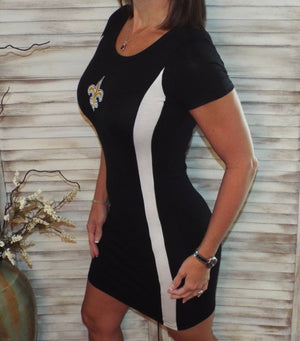 New Orleans Saints Fleur de Lis Embroidered Sporty Bodycon Stretch Dress Black