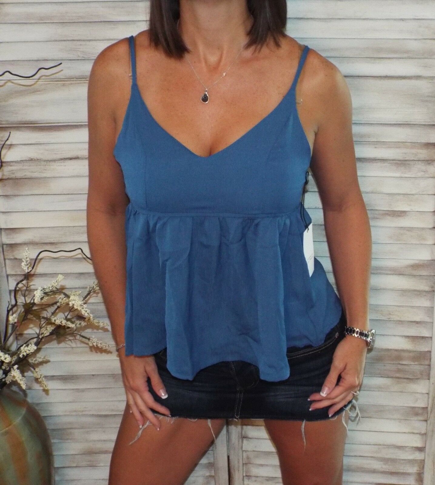 Very Sexy Peplum V-Neck Tie Back Ruched Babydoll Spaghetti Strap Top Blue S/M/L