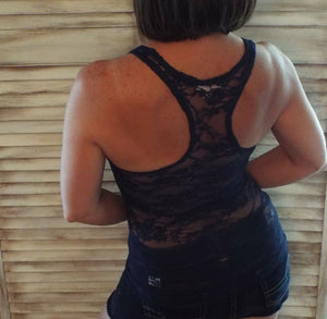 Very Sexy Racerback All Lace Sheer Low Cut Cleavage Cami Tank Top Navy