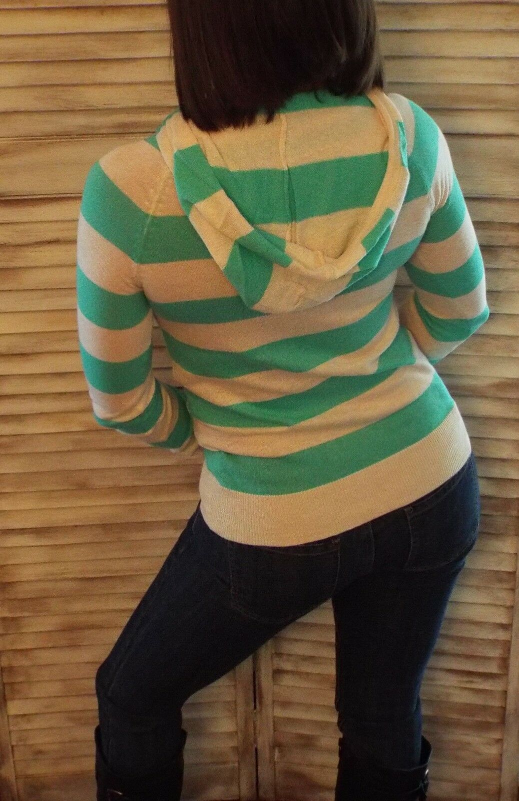 Very Sexy Striped Hoodie Light Sweater Kangaroo Pocket Long Sleeve Mint S/M/L