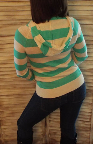 Very Sexy Striped Hoodie Light Sweater Kangaroo Pocket Long Sleeve Mint S/M/L