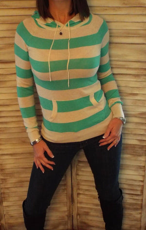 Very Sexy Striped Hoodie Light Sweater Kangaroo Pocket Long Sleeve Mint S/M/L