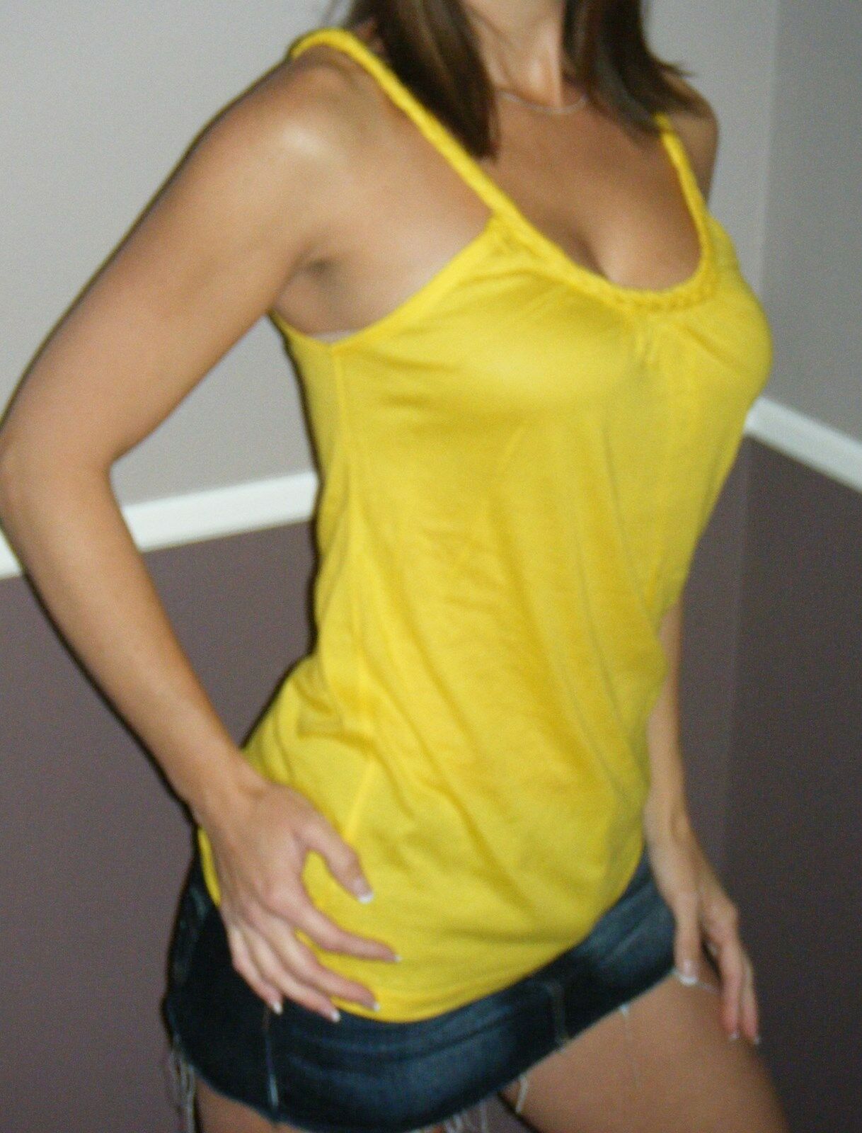 Very Sexy Low Cut Scoop Neck Braided Spaghetti Strap Tank Shirt Top Yellow S/M/L