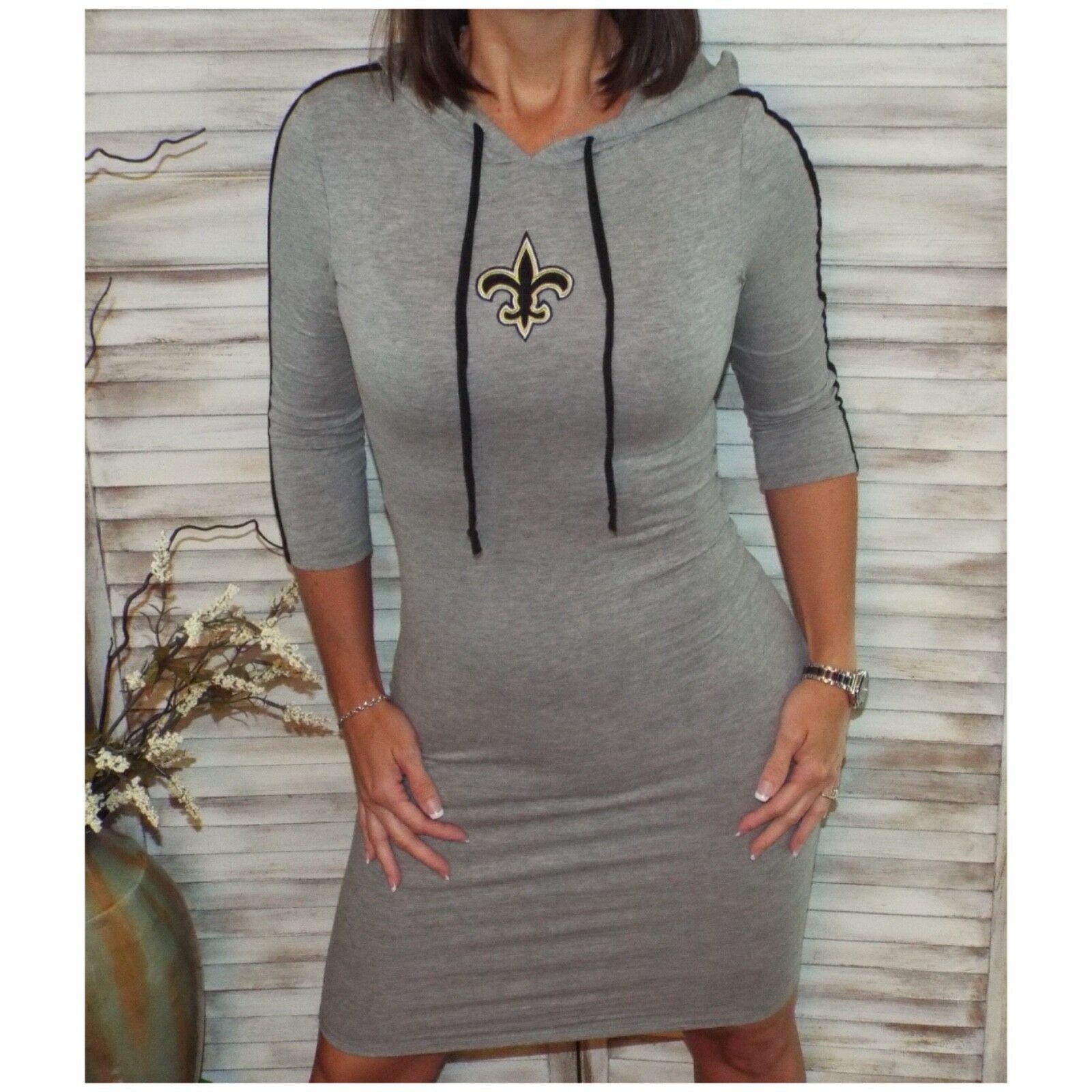 New Orleans Saints Fleur de Lis Hoodie Bodycon Sporty Stretch 3/4 Dress Gray