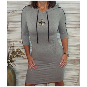 New Orleans Saints Fleur de Lis Hoodie Bodycon Sporty Stretch 3/4 Dress Gray