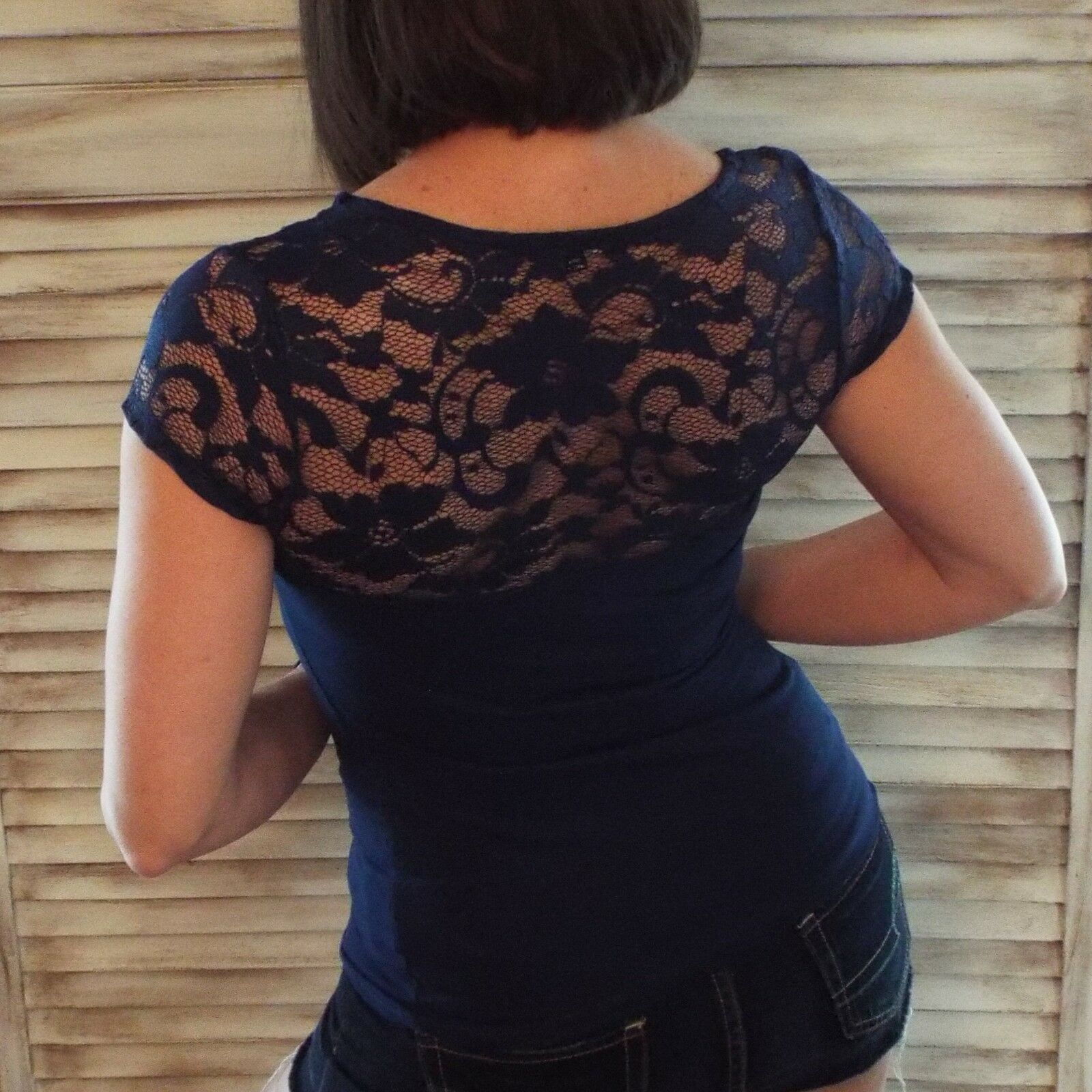 Very Sexy V-Neck Lace Scallop Sheer Low Cut Cleavage Dressy Cami Top Navy S/M/L