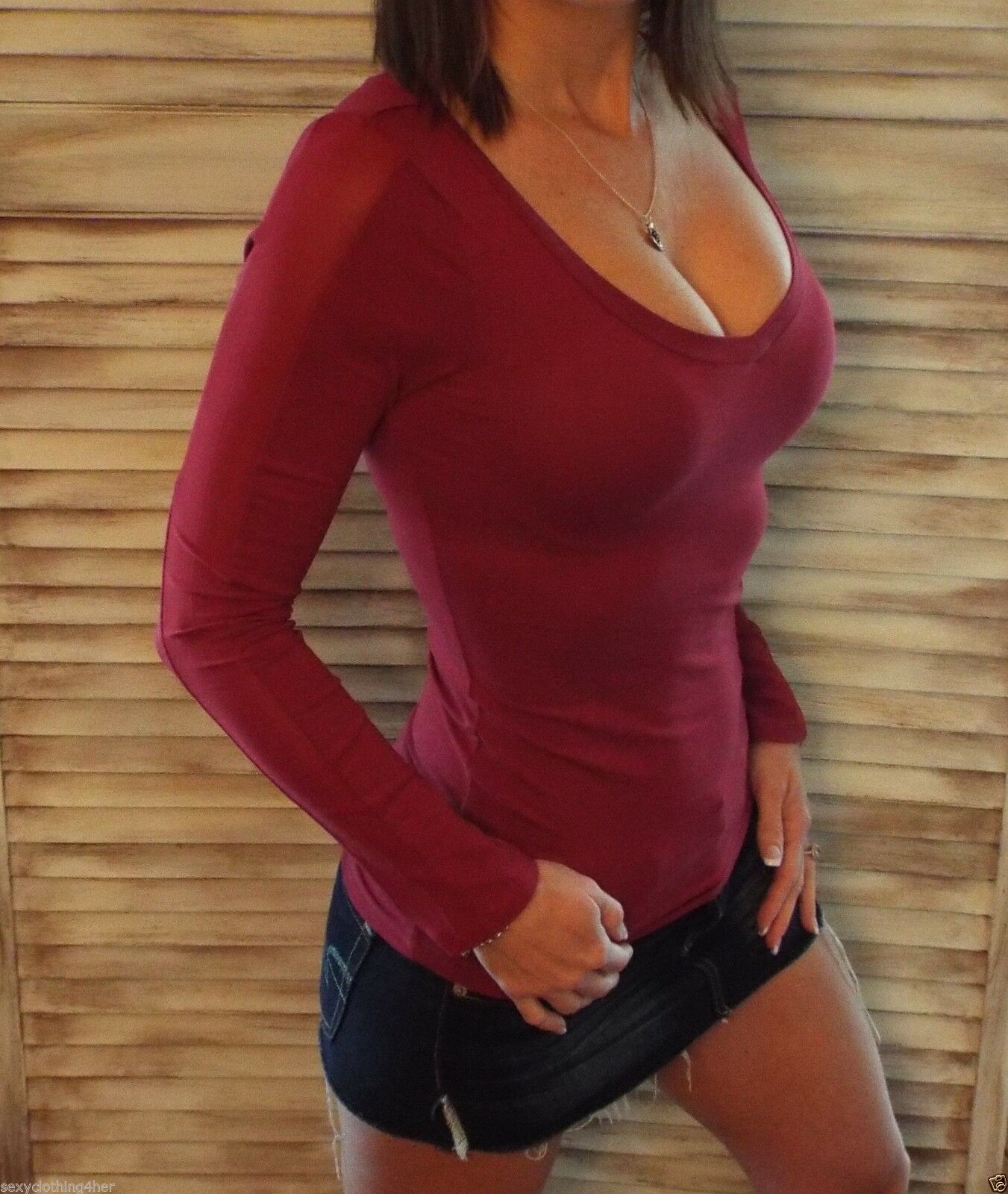 Sexy Mesh Sleeve Slimming V-Neck Low Cut L/S Tissue Shirt Top Burgundy S/M/L