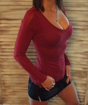 Sexy Mesh Sleeve Slimming V-Neck Low Cut L/S Tissue Shirt Top Burgundy S/M/L