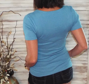 Deep V Neck Plunge Cleavage Slim Ribbed Stretch Henley Top Blue S/M/L