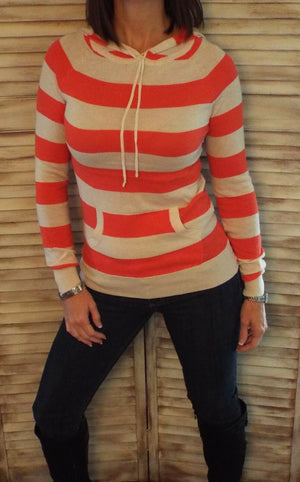 Striped Hoodie Light Sweater Kangaroo Pocket Long Sleeve Coral S/M/L