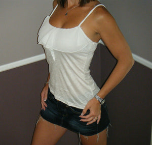 Very Sexy Chiffon Ruffle Scoop Neck Low Cut Cleavage Tank Cami Top Ivory S/M/L