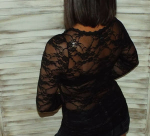 Very Sexy Floral Lace Sheer Scoop Neck Low Cleavage L/S Fitted Shirt Black S/M/L