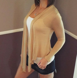 Very Sexy Open Front Drape V-Neck Cleavage Asymmetrical Tissue Top Tan S/M/L