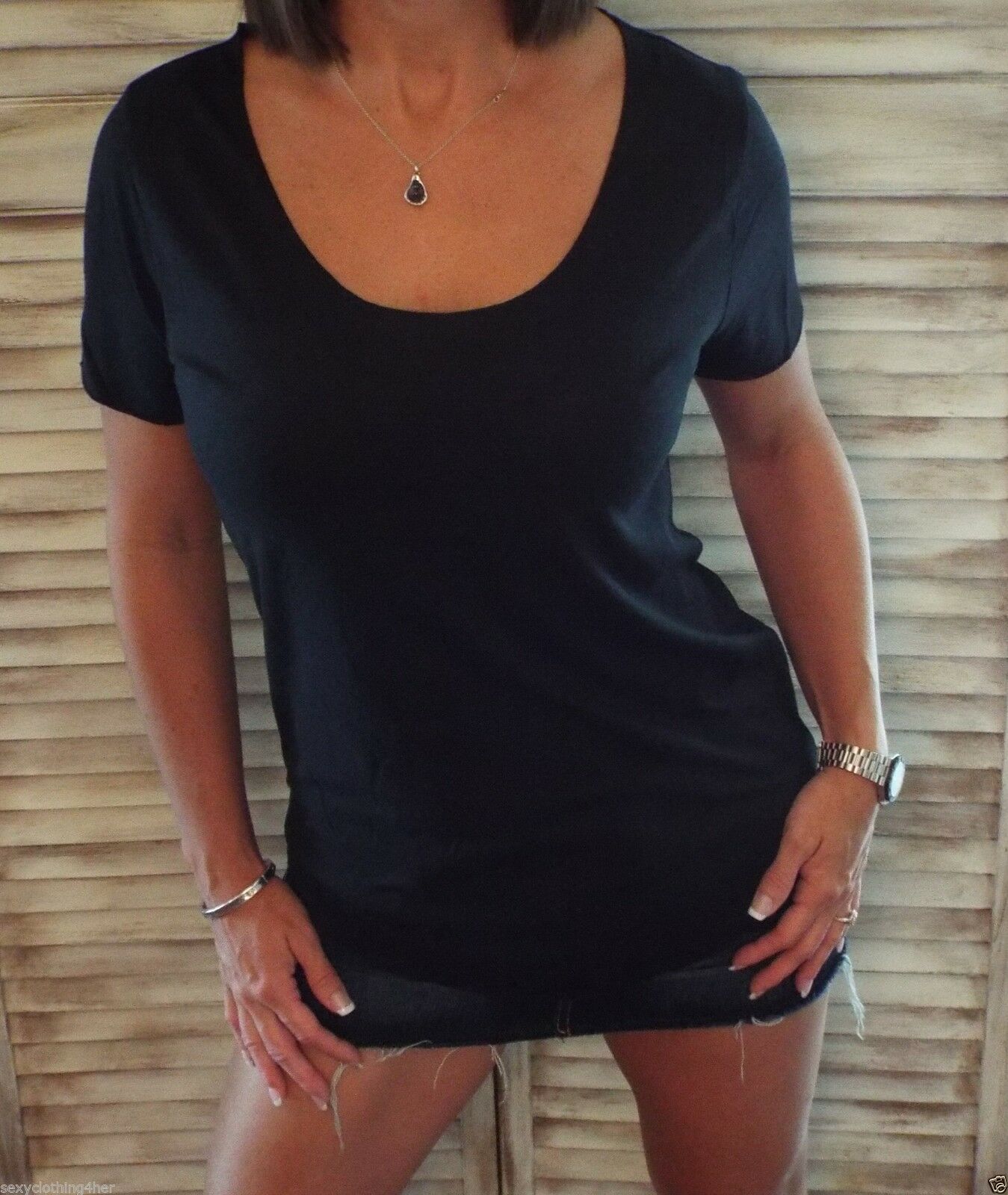 Very Sexy Loose Floaty Scoop Neck Boyfriend Raw Edge Tee Shirt Black S/M/L