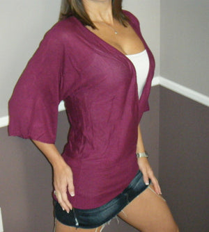 Sexy Dolman Deep V-Neck Batwing Tissue Knit Sweater Top Shirt Burgundy S/M/L