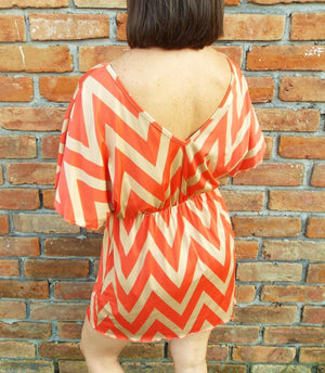 Sexy Chevron Zig Zag Print Batwing Dolman Elastic Waist Dress Tan/Coral S/M/L/XL