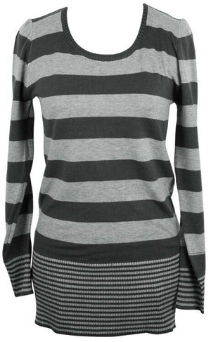 Scoop Neck Sweater Striped Long Sleeve Preppy Tunic Blouse Shirt Gray