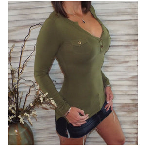 Very Sexy Deep VNeck Plunge Cleavage Military Henley Pocket Top Army Green S/M/L