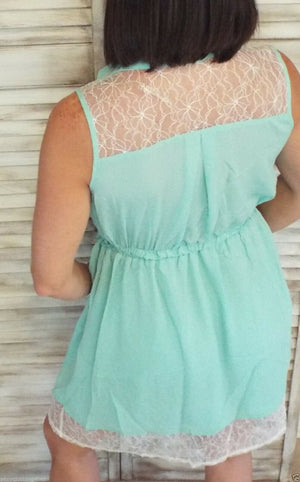 Henley Collar Button Up Lace Sleevless Boho Shirt Dress Mint Green S/M/L
