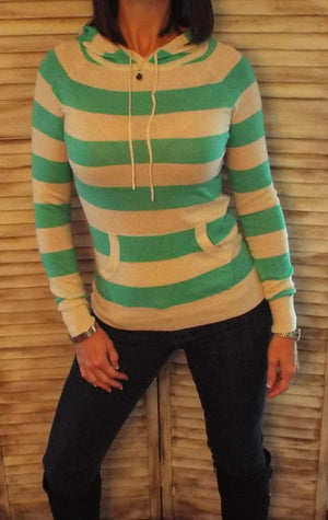 Very Sexy Striped Hoodie Light Sweater Kangaroo Pocket Long Sleeve Mint S/M/L