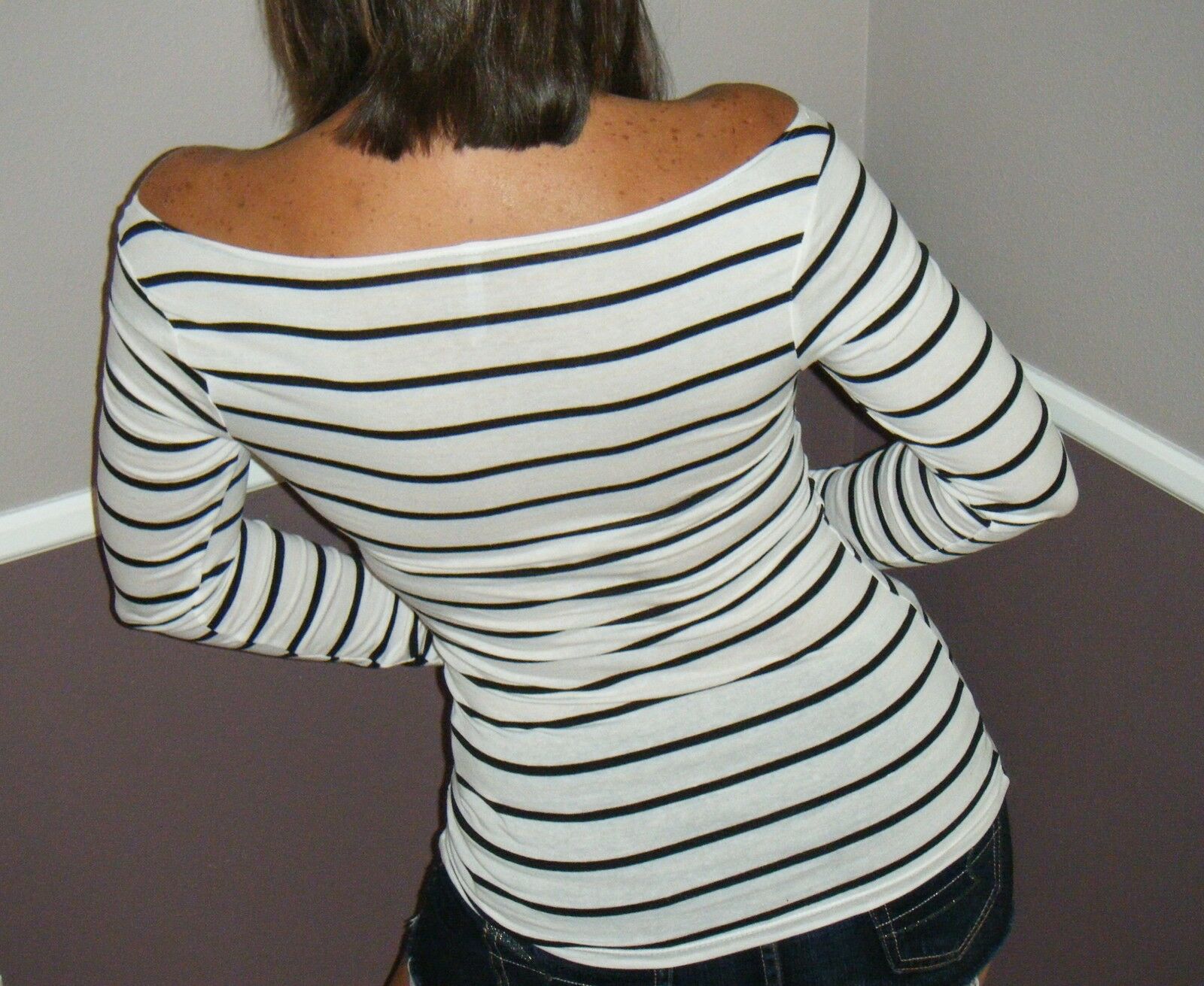 Sexy Boat Neck Preppy Striped Rugby Open Shoulder Stretch Shirt Top White S/M/L