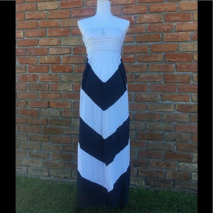 Strapless Chevron Maxi Dress Long Colorblock Tube Sundress Navy White S/M/L