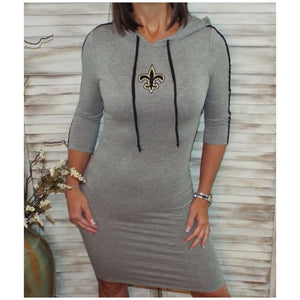 New Orleans Saints Fleur de Lis Hoodie Bodycon Sporty Stretch 3/4 Dress Gray