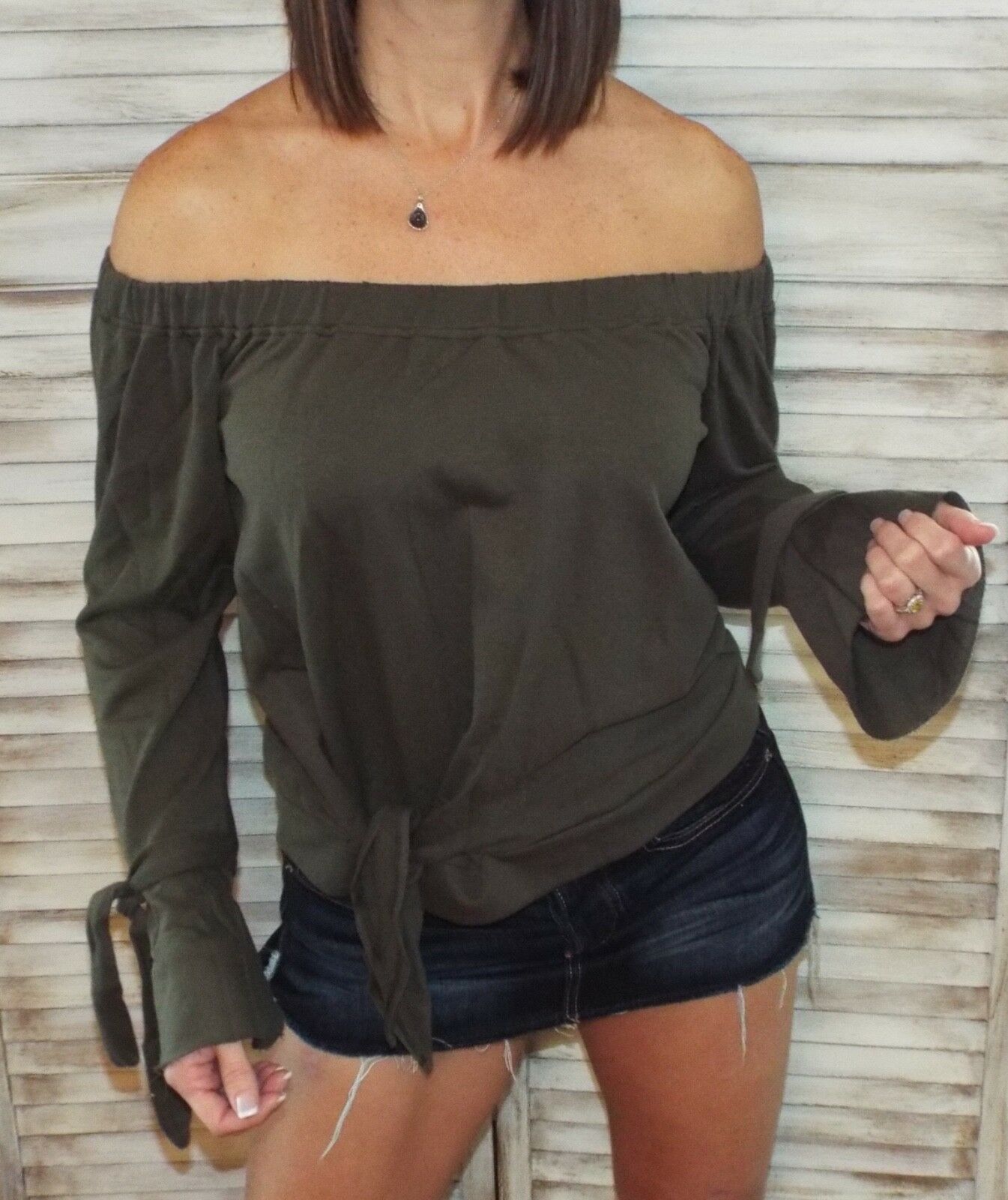 Very Sexy Off Shoulder Tie Front French Terry Blouse Shirt Top Dark Olive