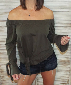 Very Sexy Off Shoulder Tie Front French Terry Blouse Shirt Top Dark Olive