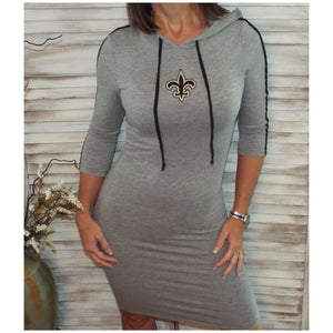 New Orleans Saints Fleur de Lis Hoodie Bodycon Sporty Stretch 3/4 Dress Gray