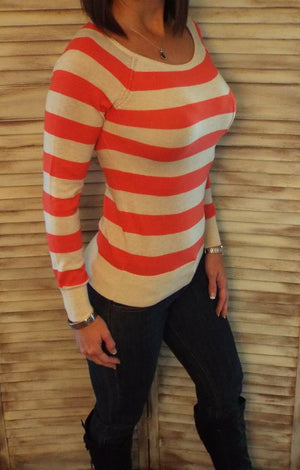 Very Sexy Striped Light Sweater Boat Neck Pocket Long Sleeve Coral S/M/L
