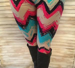 Chevron Print Zigzag Leggings Stretch Lounge Pant Lightweight Blue Maroon Tan OS
