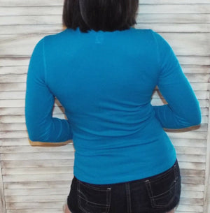 Very Sexy Deep V-Neck Cleavage Thermal Waffle Slimming Shirt Top Teal S/M/L