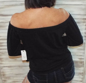 Very Sexy Off Shoulder Tie Front French Terry Blouse Shirt Top Black S/M/L