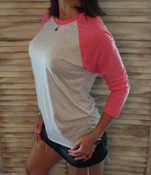 Sporty Crew Neck Athletic Baseball Raglan Jersey Stretch Shirt Pink XS/S/M/L