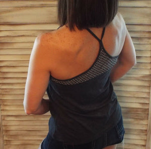 “Can’t Get Away” Low Cut Scoop Neck Mesh Racerback Shirred Tissue Tank Shirt Top Gray S/M/L