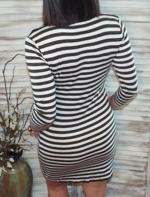 V Neck 3/4 Sleeve Pocket Striped Fitting Summer Dress Olive White S/M/L