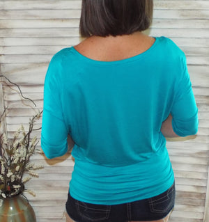 Sexy Dolman Wide Scoop Open Neck Batwing Blouse Top Shirt Teal S/M/L