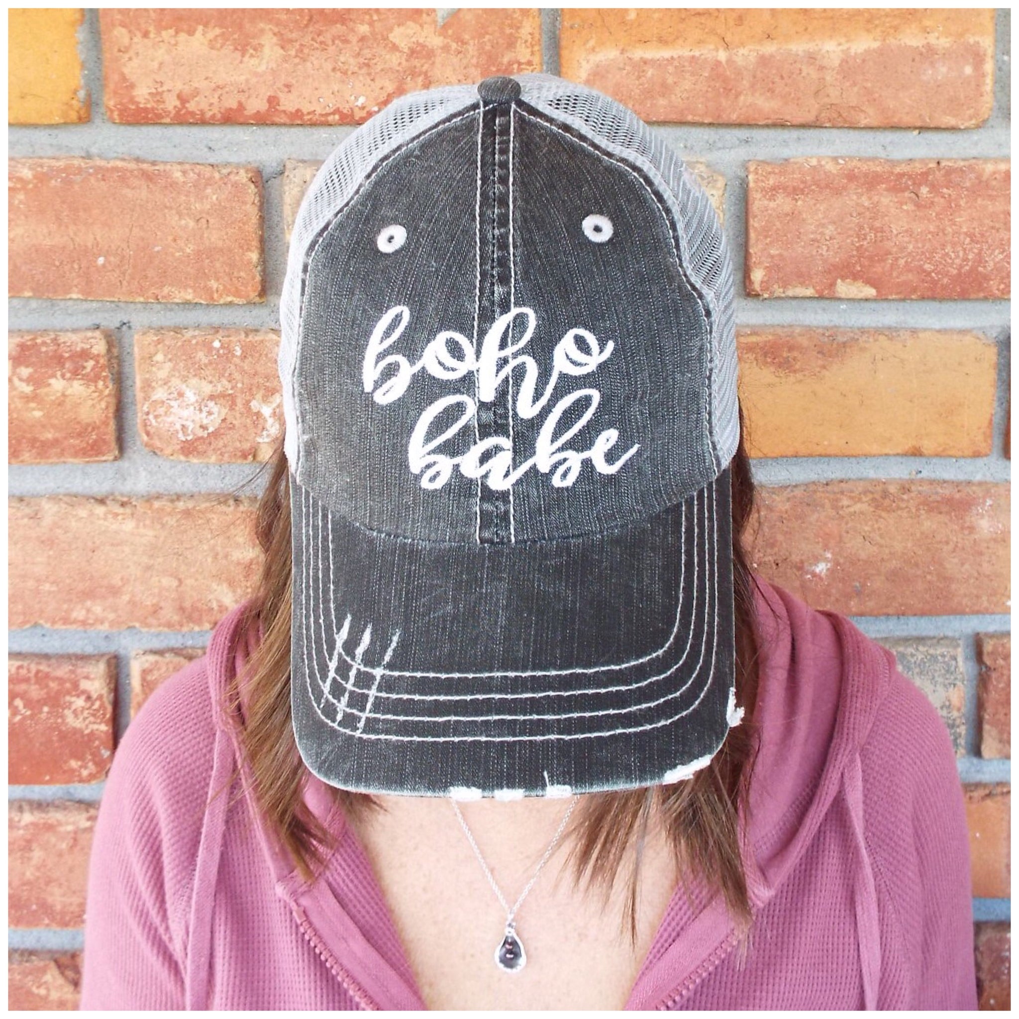 “Boho Babe” Distressed Embroidered Trucker Hat