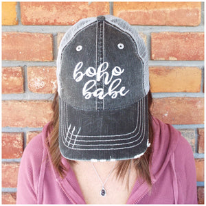 “Boho Babe” Distressed Embroidered Trucker Hat