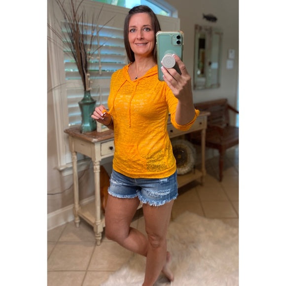 Sexy Sheer Burnout Drawstring Hoodie Tissue High Neck Top Shirt Gold