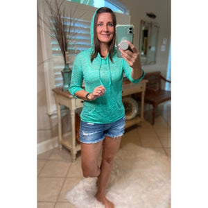 Sexy Sheer Burnout Drawstring Hoodie Tissue High Neck Top Shirt Mint Green