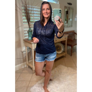 Sheer Burnout Drawstring Hoodie Tissue High Neck Top Shirt Navy