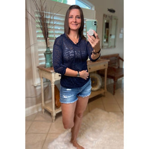 Sheer Burnout Drawstring Hoodie Tissue High Neck Top Shirt Navy